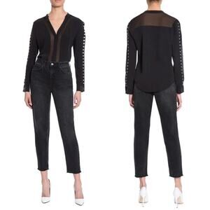 Chelsea & Walker 8 Silk Blouse | Black Sheer Panels, Grommet Sleeve, NWT $268
